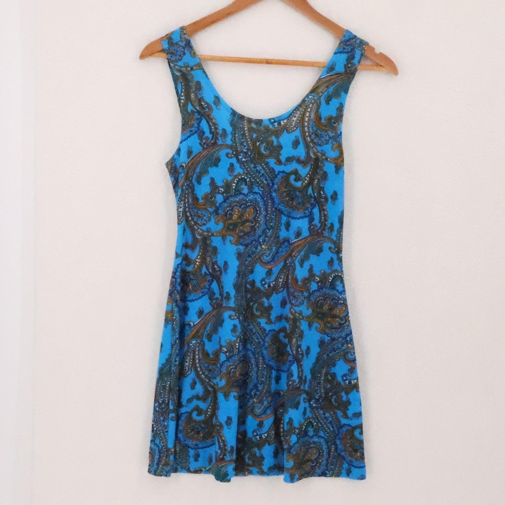 Vintage Paisley Mini Dress Womens Size M Blue Boho Festival 80s 90s Made in USA
